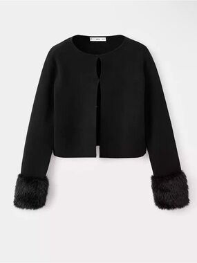 Mango Black Cropped Jacket with Faux Fur Cuffs